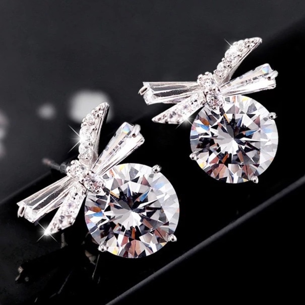 NEW - 14K White Gold Simulated Diamond Bowknot Stud Earrings